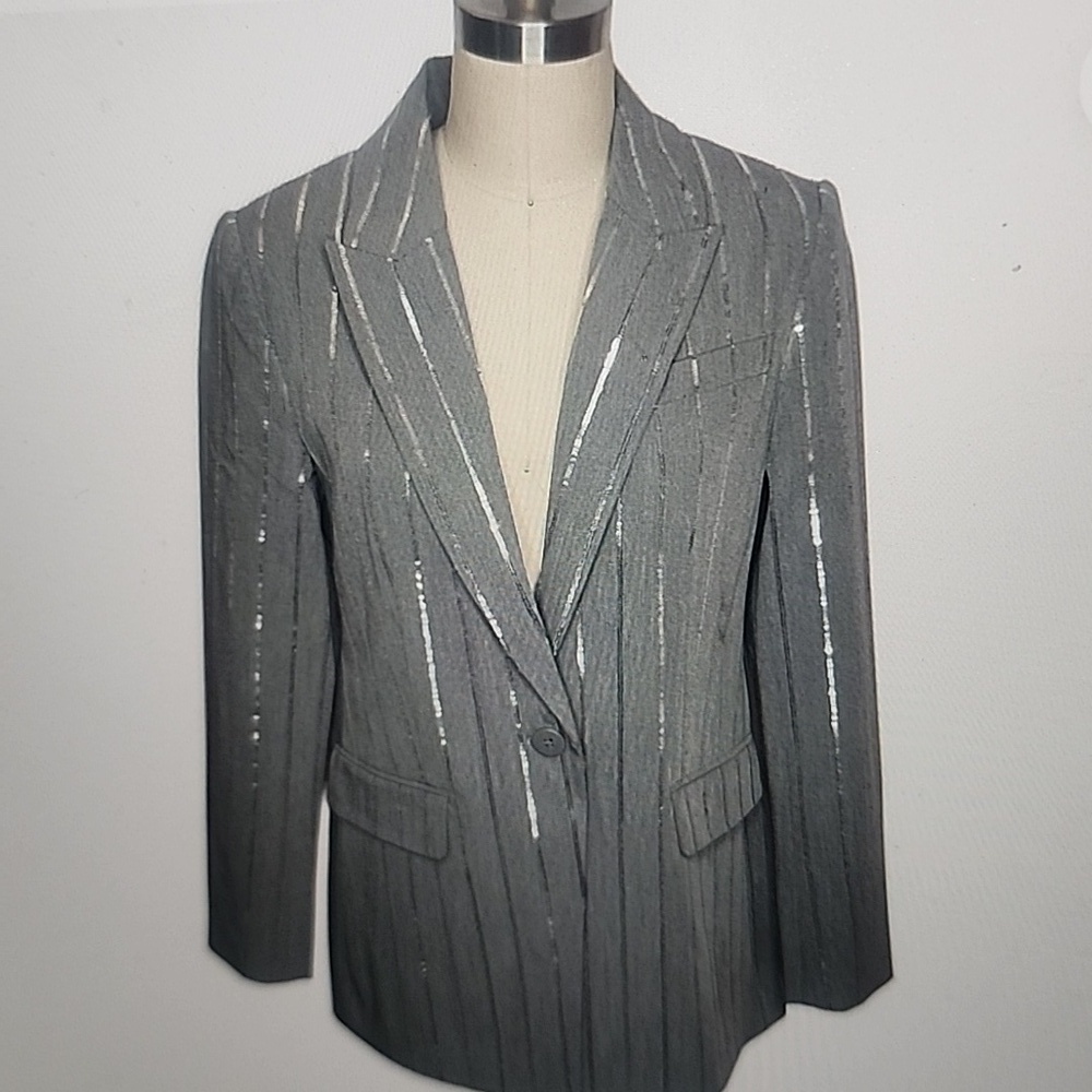 ELIE TAHARI GREY SILVER EMBELLISHED PINSTRIPE LONG SLEEVE BLAZER SIZE 2,6